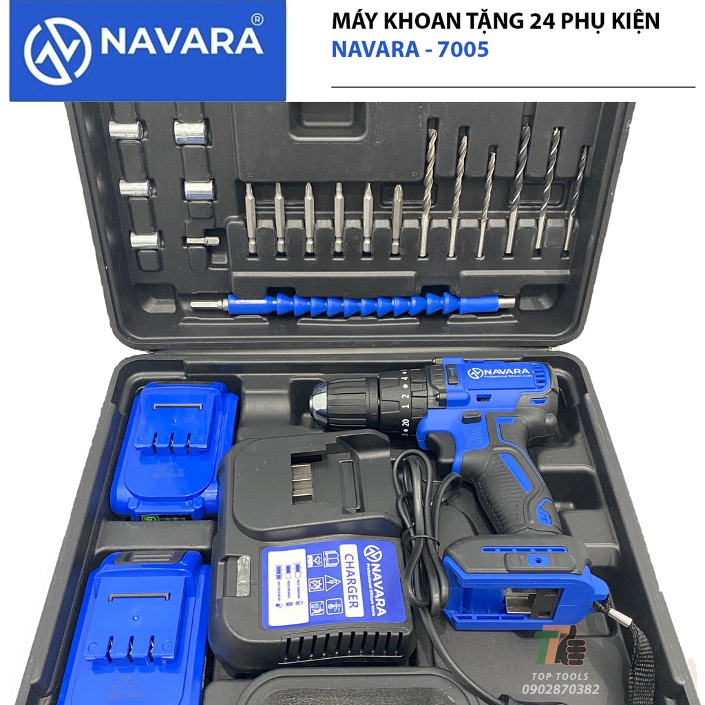 Máy khoan pin, may khoan pin Navara 7005 động cơ không chổi than tặng kèm bộ phụ kiện 24 chi tiết