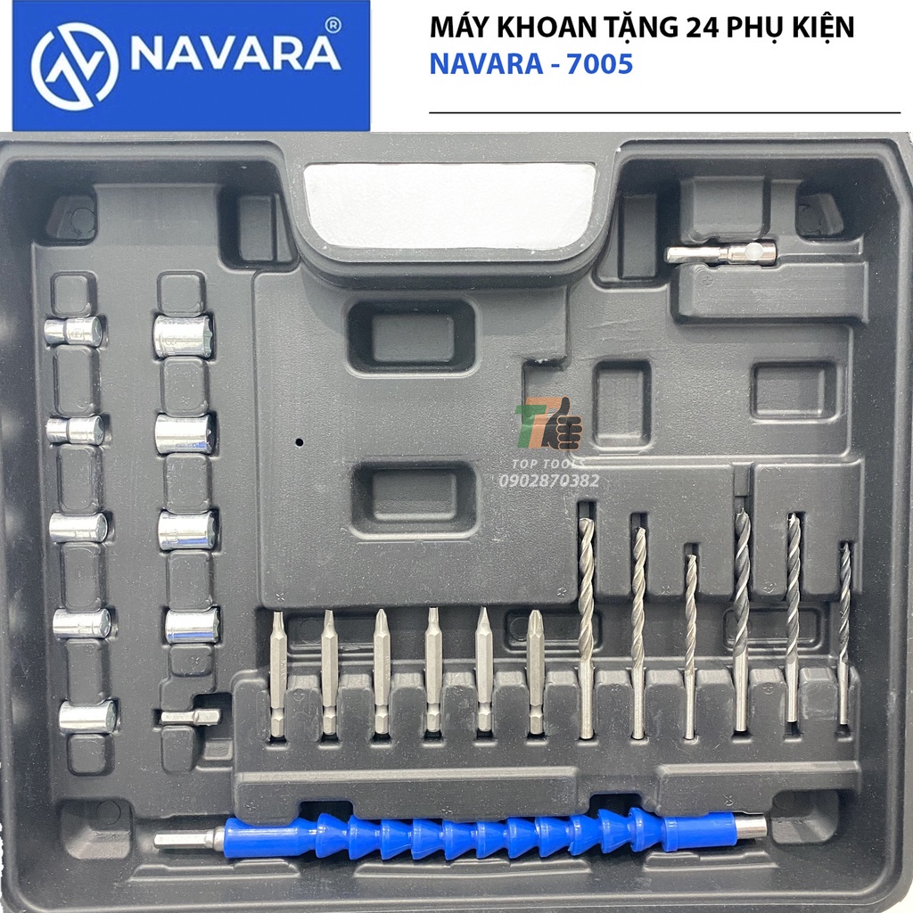 Máy khoan pin, may khoan pin Navara 7005 động cơ không chổi than tặng kèm bộ phụ kiện 24 chi tiết