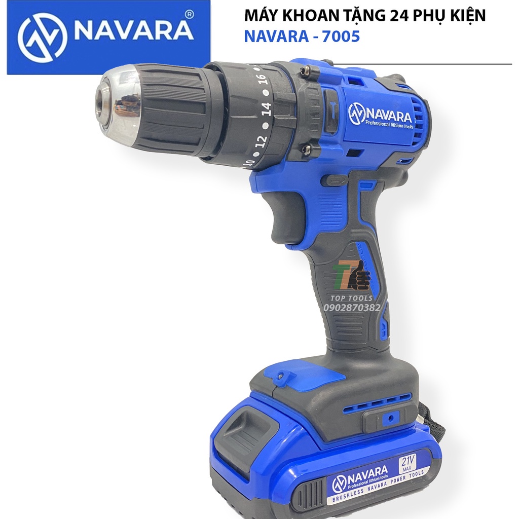 Máy khoan pin, may khoan pin Navara 7005 động cơ không chổi than tặng kèm bộ phụ kiện 24 chi tiết
