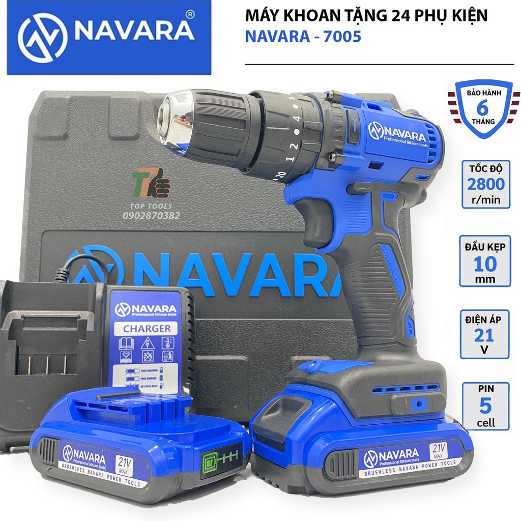 Máy khoan pin, may khoan pin Navara 7005 động cơ không chổi than tặng kèm bộ phụ kiện 24 chi tiết
