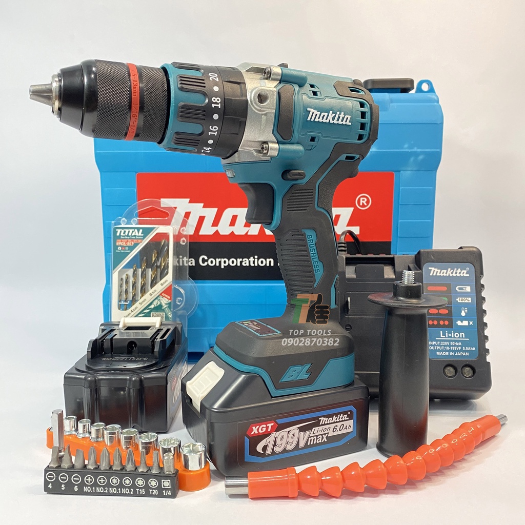 Máy khoan pin Makita không chổi than sử dụng chân Pin thông dụng, Đầu kẹp autolock