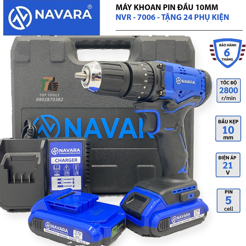 Máy khoan pin Navara 7006 tặng kèm bộ phụ kiện 24 chi tiết, pin 21v 5 cell