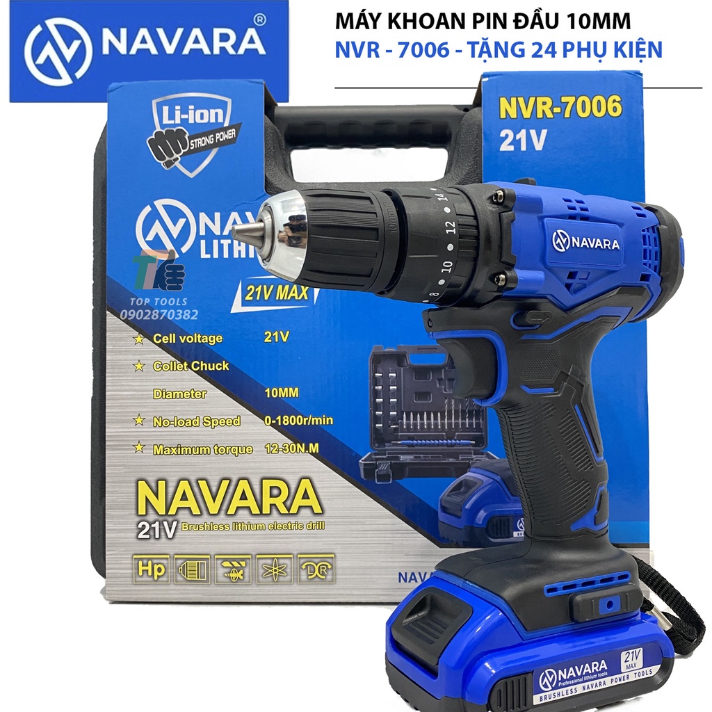 Máy khoan pin Navara 7006 tặng kèm bộ phụ kiện 24 chi tiết, pin 21v 5 cell