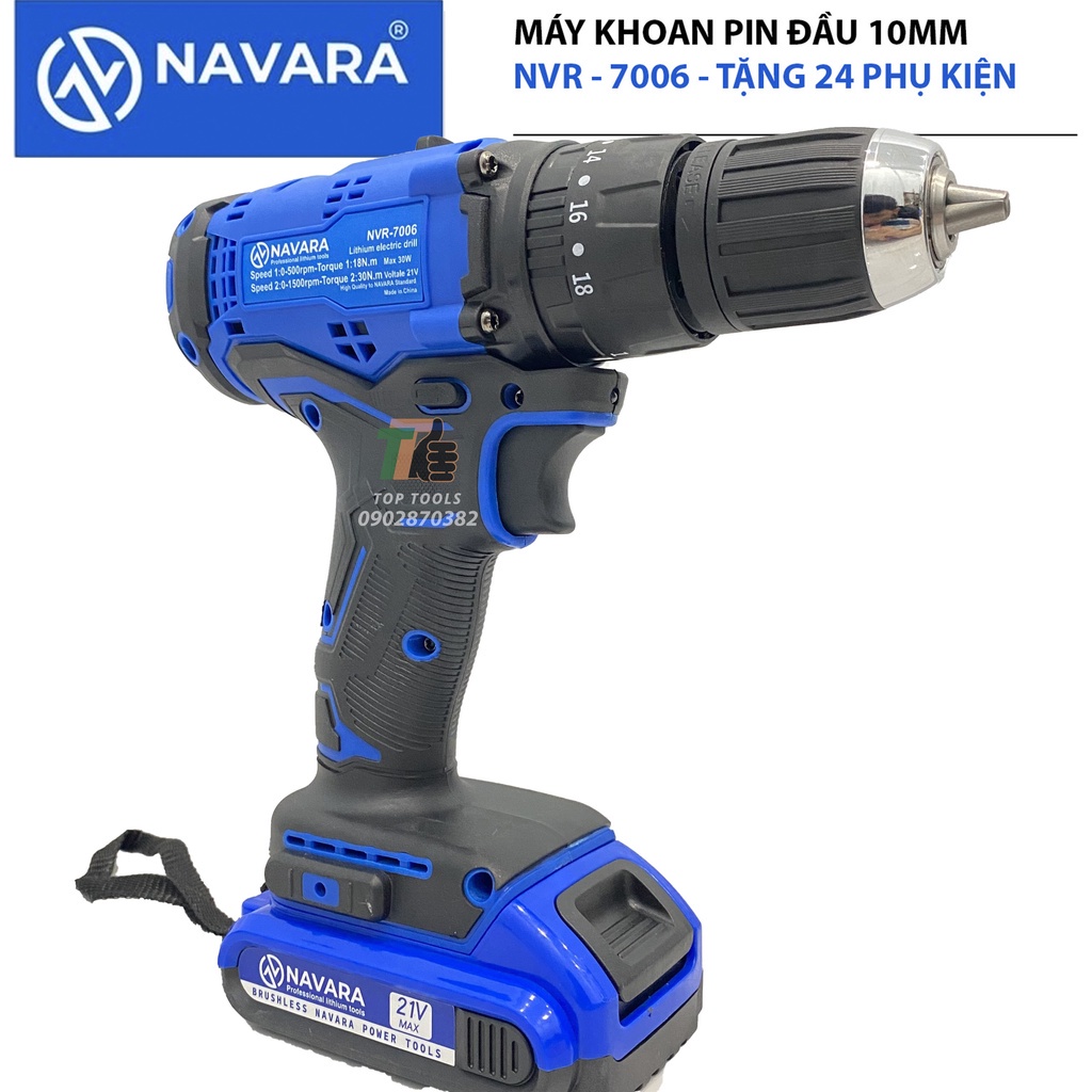Máy khoan pin Navara 7006 tặng kèm bộ phụ kiện 24 chi tiết, pin 21v 5 cell