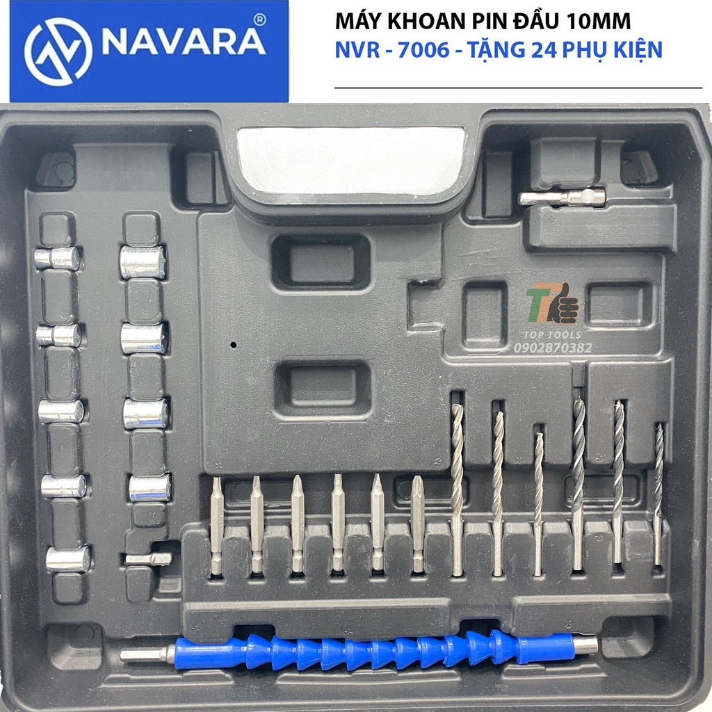 Máy khoan pin Navara 7006 tặng kèm bộ phụ kiện 24 chi tiết, pin 21v 5 cell