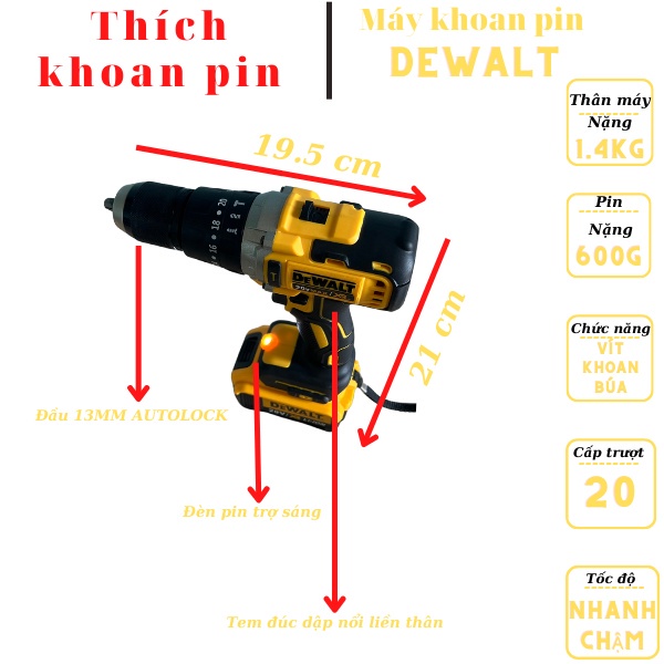 Máy khoan pin Dewalt 20v không chổi than, máy khoan cầm tay đầu auto lock thép 13mm bảo hành 12 tháng toàn quốc