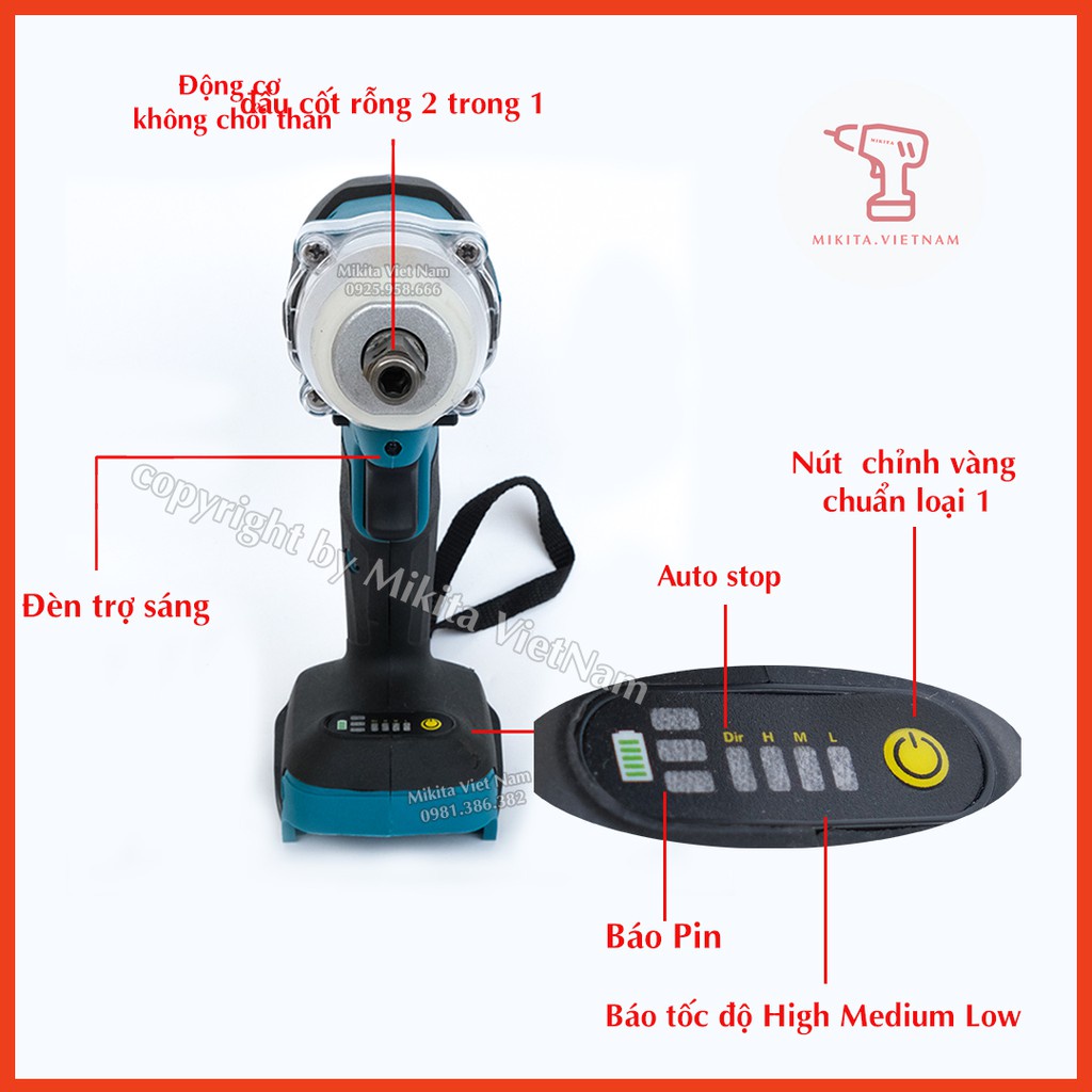 Thân máy siết bulong Makita 3 tốc độ không chổi than, đầu 2 trong 1