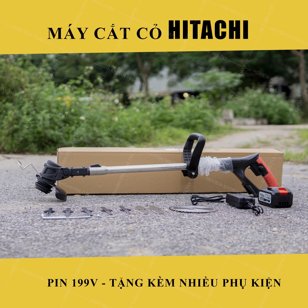 Máy cắt cỏ dùng pin cầm tay Hitachi 199v, máy phát cỏ tặng bộ dụng cụ làm vườn