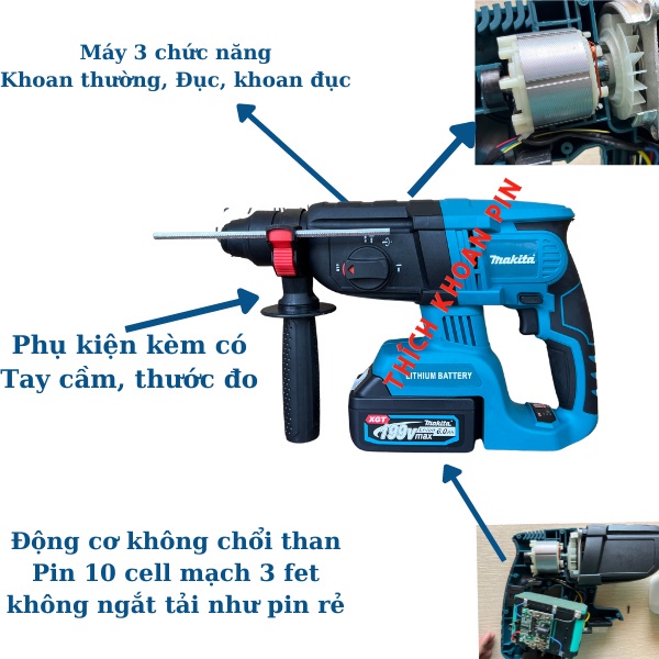 Máy khoan bê tông pin Makita 199v động cơ không chổi than, khoan bê tông 3 chức năng hàng cao cấp, bảo hành 12 tháng