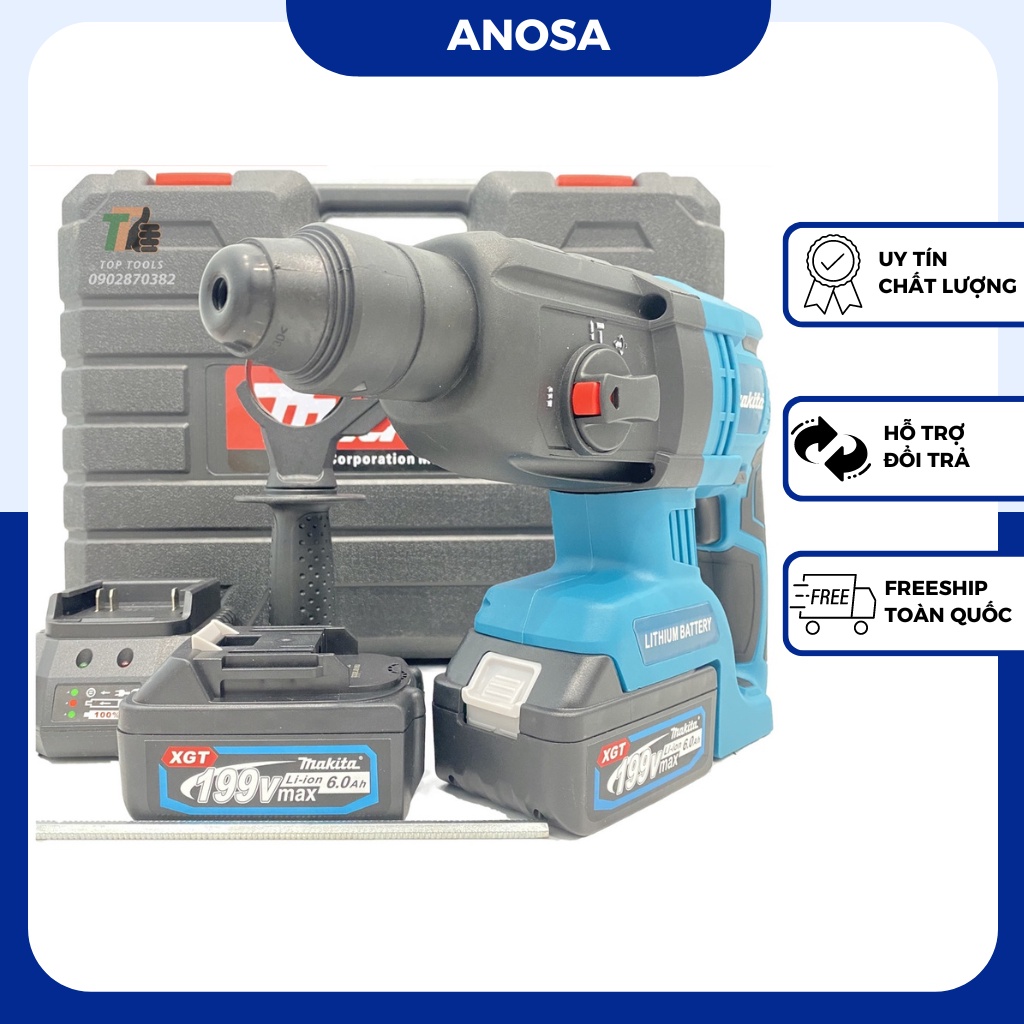 Máy khoan bê tông pin Makita 199v động cơ không chổi than, khoan bê tông 3 chức năng hàng cao cấp, bảo hành 12 tháng