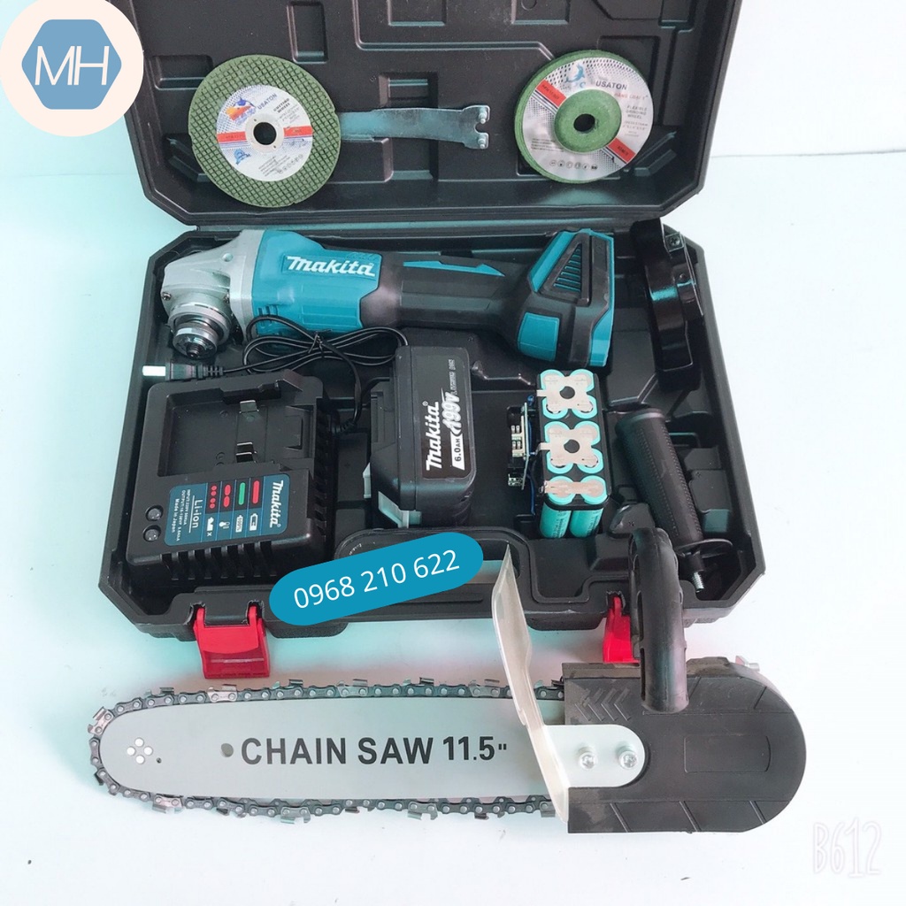 Máy mài pin Makita 199v, động cơ không chổi than, tặng lưỡi cưa xích