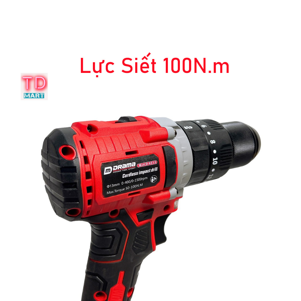 Máy Khoan Pin 3 Chức Năng DRAMA 5123 Đầu 13mm Không Chổi Than Có Khóa Trục