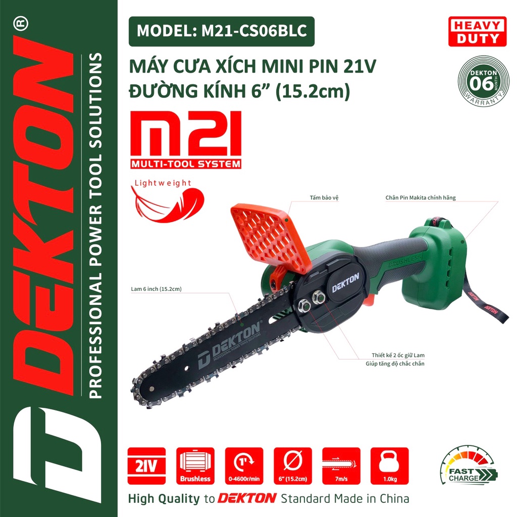 Thân cưa xích dùng pin Dekton M21-CS06BLC Lam 6 inch Không Chổi Than