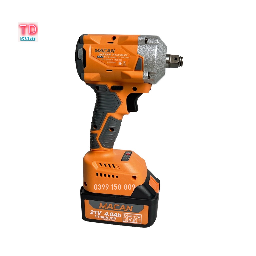 Máy siết bulong pin 21V MACAN 6098A lực siết 380Nm dòng compart nhỏ gọn