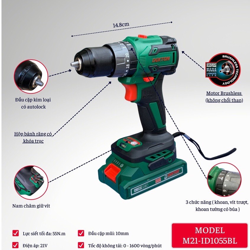 Máy Khoan pin DEKTON 3 Chức Năng / Đầu Cặp 10mm / M21-ID1055BL / Motor Brushless / Lực Xoắn 55N.m
