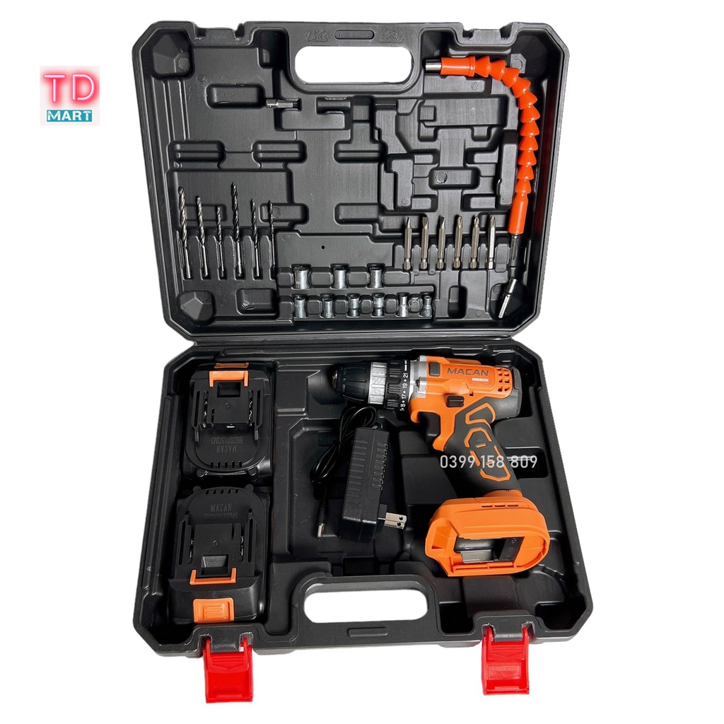 Máy khoan pin 21v MACAN 6021 Không Chổi Than đầu 10mm tặng bộ phụ kiện