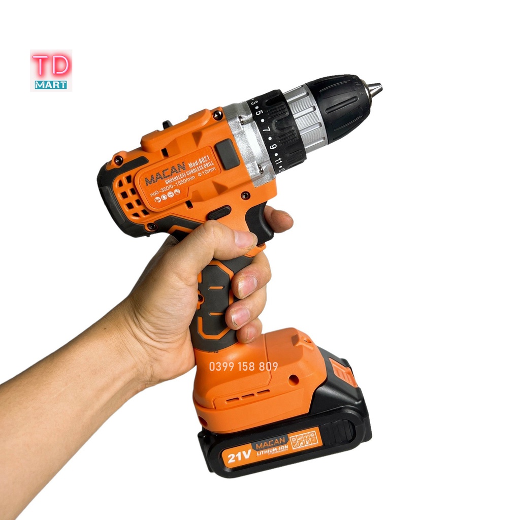 Máy khoan pin 21v MACAN 6021 Không Chổi Than đầu 10mm tặng bộ phụ kiện