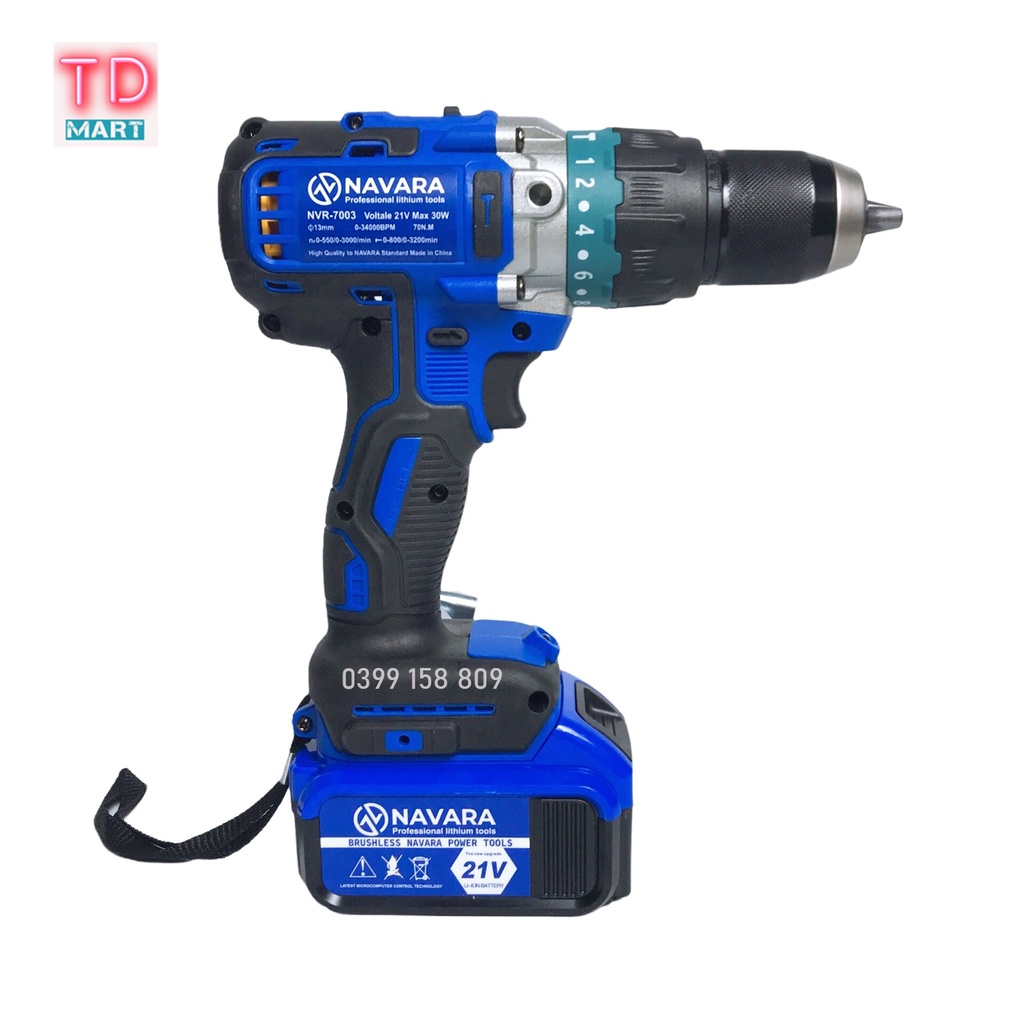 Máy khoan pin 21V NAVARA 7003 không chổi than đầu kẹp 13 ly pin 10cell