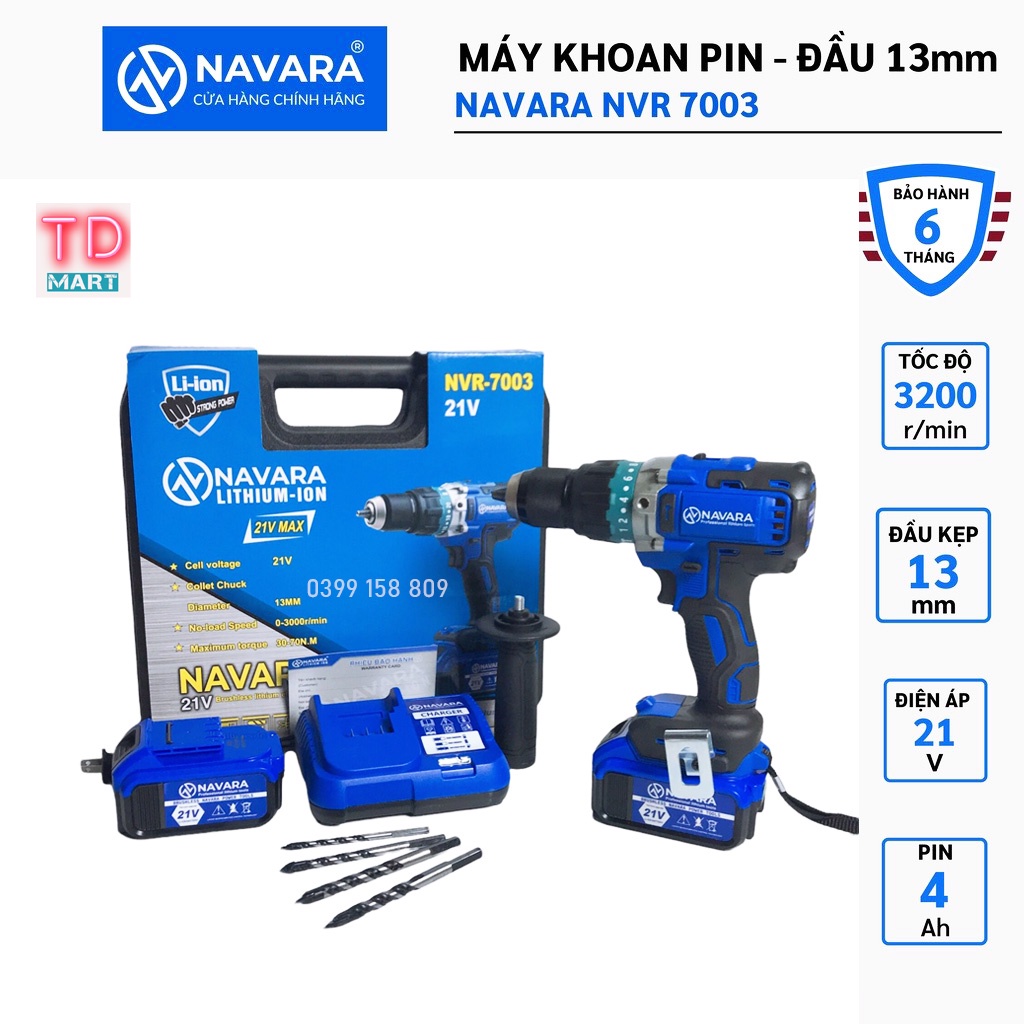 Máy khoan pin 21V NAVARA 7003 không chổi than đầu kẹp 13 ly pin 10cell