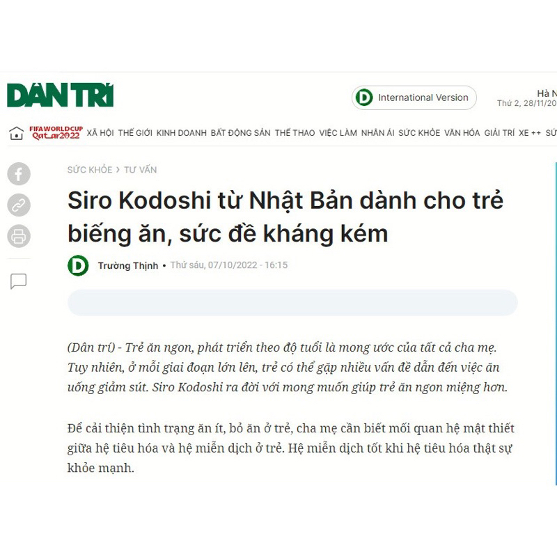 Siro ăn ngon cho bé Kodoshi Nhật Bản chai 100ml - Bé hết biếng ăn, ăn khỏe ngủ ngon tăng cân tốt + quà