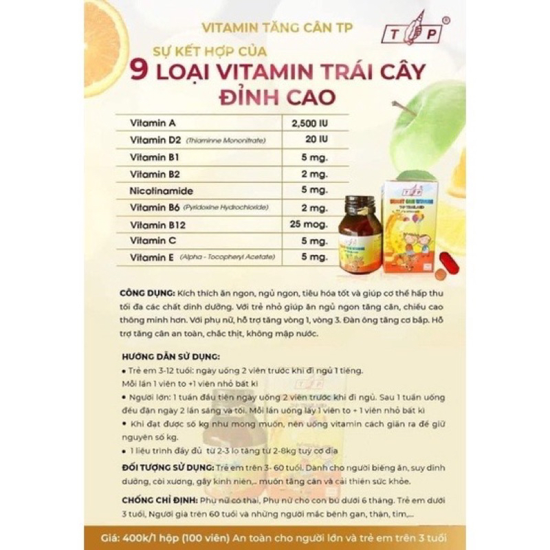 Vitamin tăng cân TP Thái Lan hộp 100 viên chính hãng - Tăng cân nhanh, hiệu quả, an toàn + quà gói tăm bông