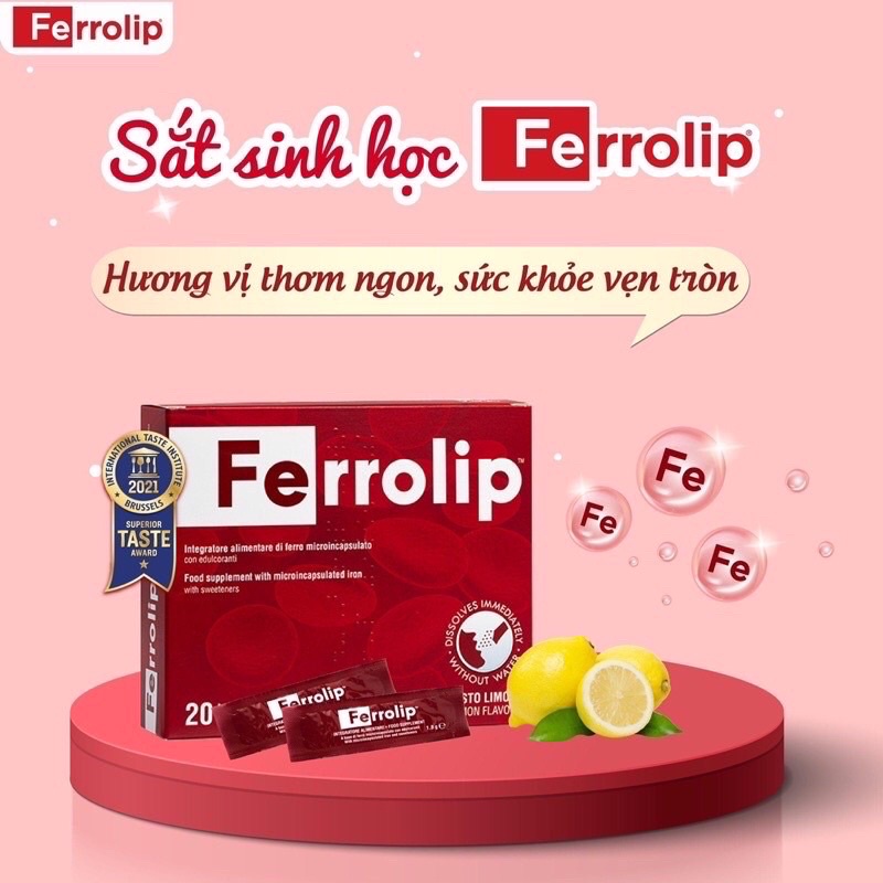 Sắt sinh học Ferrolip hộp 20 gói bổ sung sắt cho mẹ bầu,mẹ sau sinh và cho con bú, dễ uống, dễ hấp thụ + quà