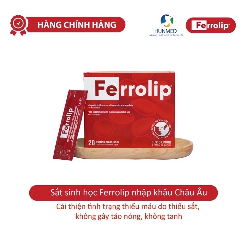 Sắt sinh học Ferrolip hộp 20 gói bổ sung sắt cho mẹ bầu,mẹ sau sinh và cho con bú, dễ uống, dễ hấp thụ + quà