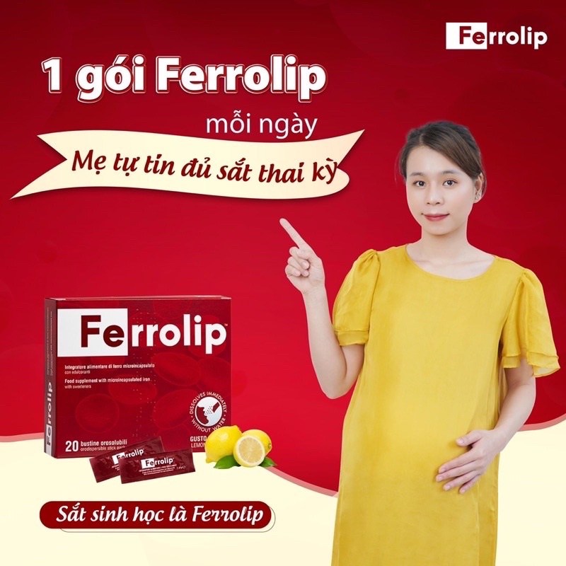 Sắt sinh học Ferrolip hộp 20 gói bổ sung sắt cho mẹ bầu,mẹ sau sinh và cho con bú, dễ uống, dễ hấp thụ + quà