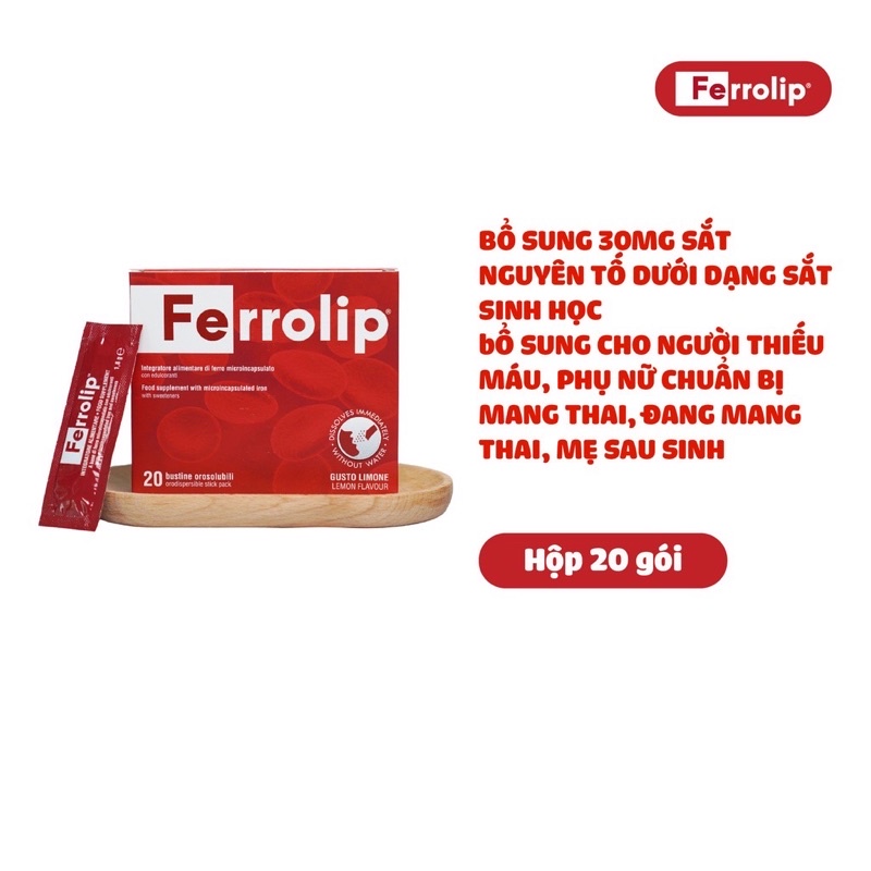 Sắt sinh học Ferrolip hộp 20 gói bổ sung sắt cho mẹ bầu,mẹ sau sinh và cho con bú, dễ uống, dễ hấp thụ + quà