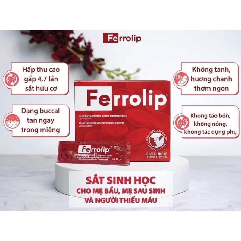 Sắt sinh học Ferrolip hộp 20 gói bổ sung sắt cho mẹ bầu,mẹ sau sinh và cho con bú, dễ uống, dễ hấp thụ + quà