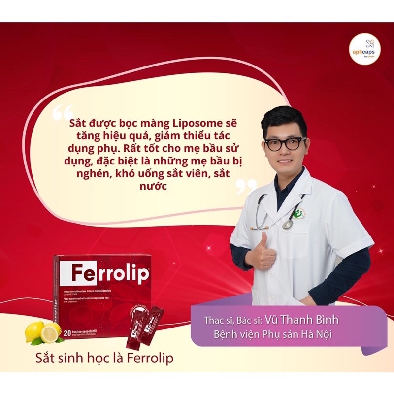 Sắt sinh học Ferrolip hộp 20 gói bổ sung sắt cho mẹ bầu,mẹ sau sinh và cho con bú, dễ uống, dễ hấp thụ + quà