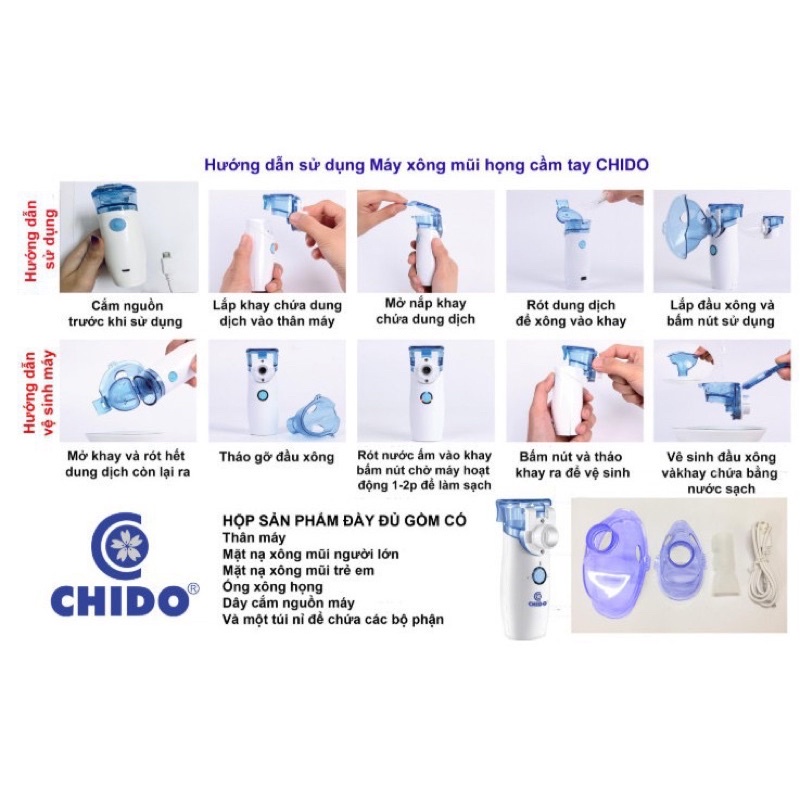 Máy xông mũi họng cầm tay Chido Nhật Bản dùng được cho cả bé và người lớn, nhỏ gọn, tiện lợi và hiệu quả + tặng quà