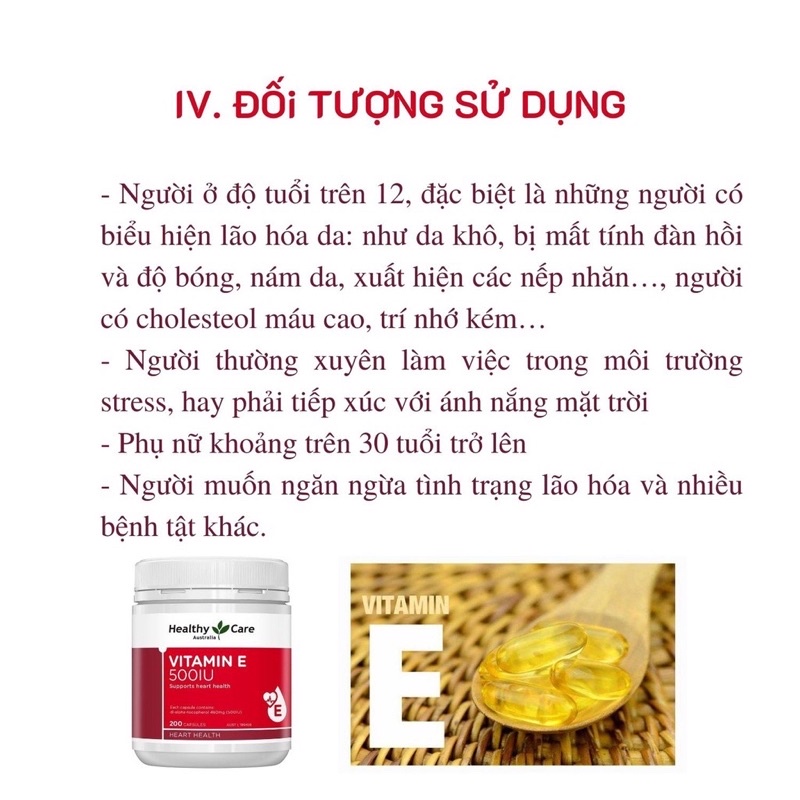 Viên uống vitamin E Healthy Care 500IU chuẩn Úc hộp 200 viên