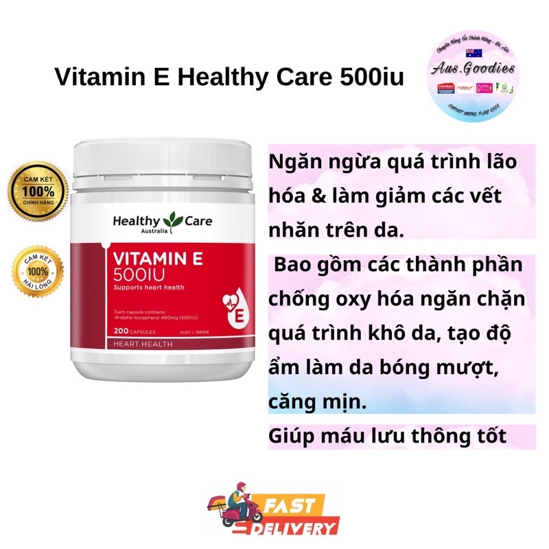 Viên uống vitamin E Healthy Care 500IU chuẩn Úc hộp 200 viên