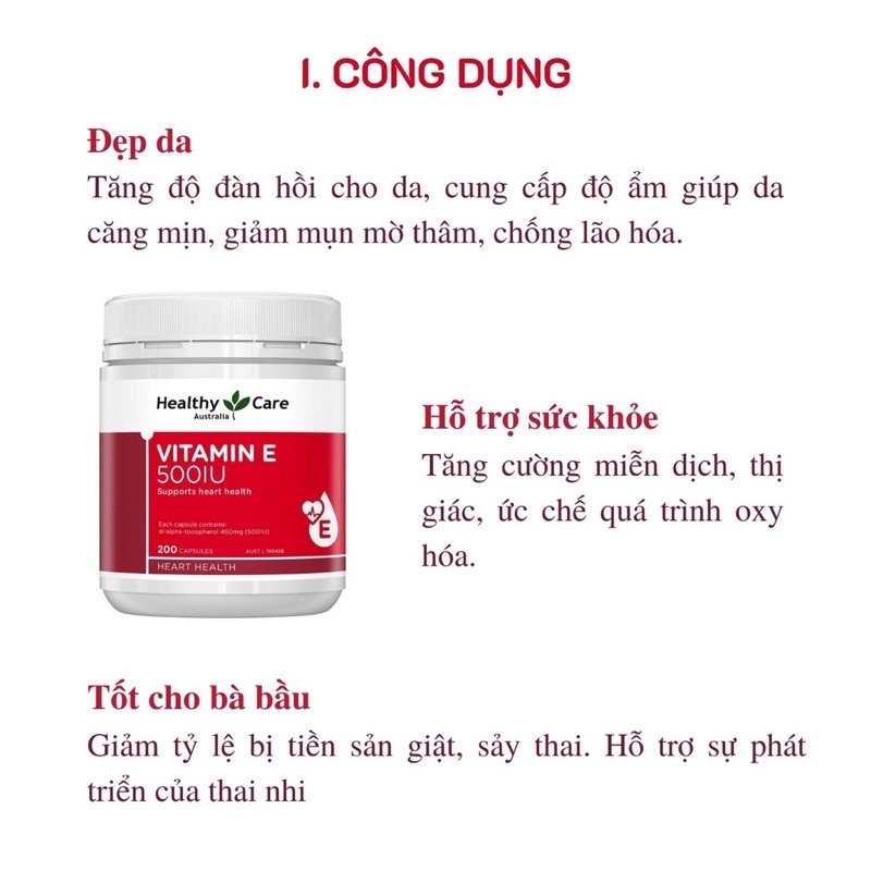 Viên uống vitamin E Healthy Care 500IU chuẩn Úc hộp 200 viên
