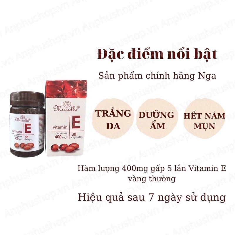[Chính hãng]Viên uống vitamin E đỏ 400mg Mirrolla hũ nhựa của Nga hộp 30 viên