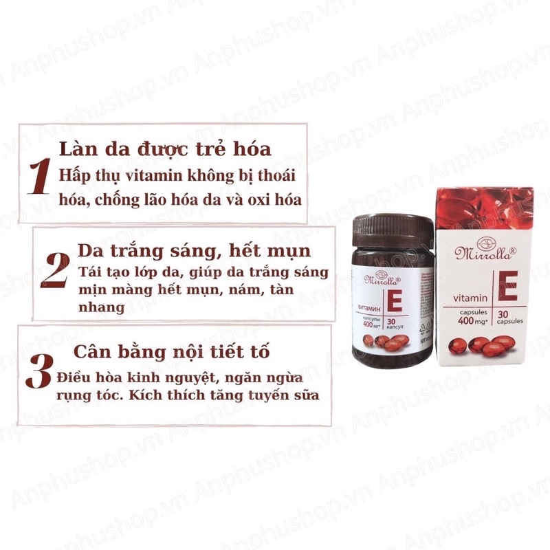 [Chính hãng]Viên uống vitamin E đỏ 400mg Mirrolla hũ nhựa của Nga hộp 30 viên