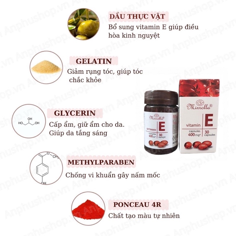 [Chính hãng]Viên uống vitamin E đỏ 400mg Mirrolla hũ nhựa của Nga hộp 30 viên