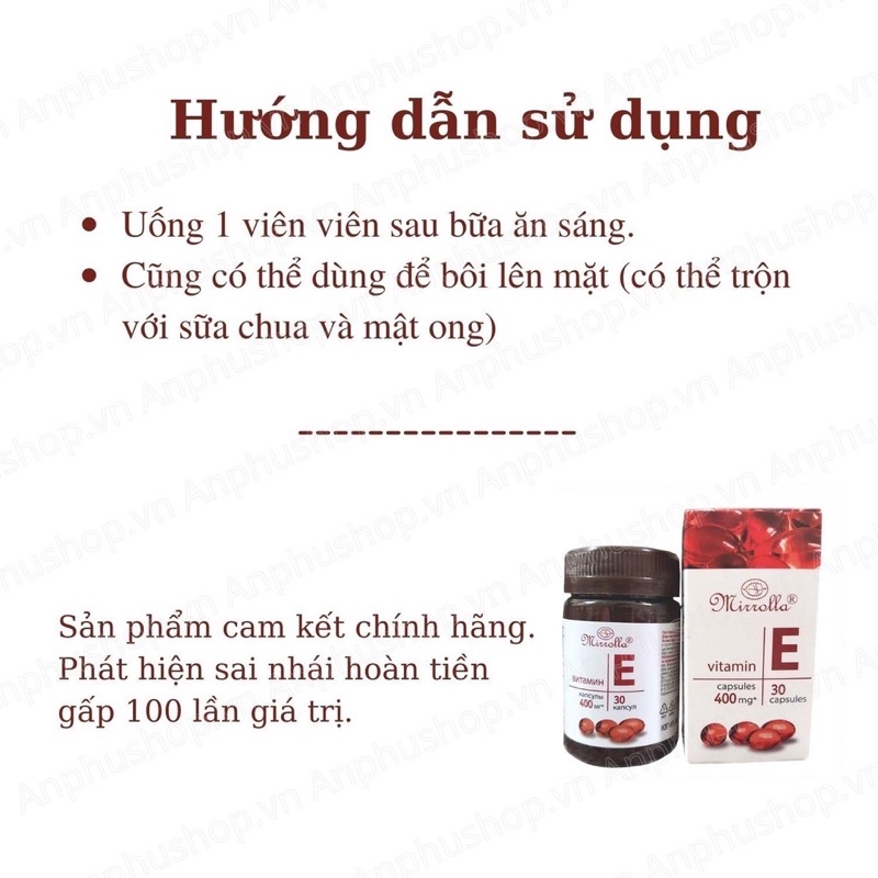 [Chính hãng]Viên uống vitamin E đỏ 400mg Mirrolla hũ nhựa của Nga hộp 30 viên