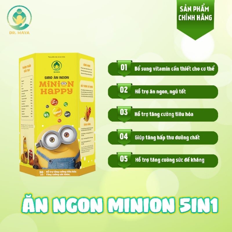 Siro ăn ngon Minion Happy hộp 30 gói -Bé ăn khỏe, tăng cân tốt, hết bón, thông minh