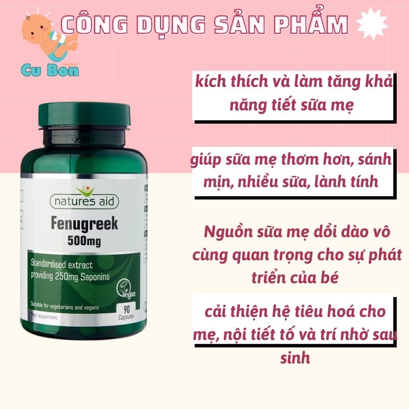 Viên uống lợi sữa cỏ cà ri Fenugreek Natures Aid 90 viên, sữa về ướt áo