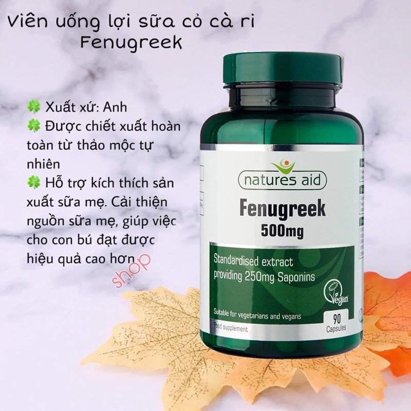 Viên uống lợi sữa cỏ cà ri Fenugreek Natures Aid 90 viên, sữa về ướt áo