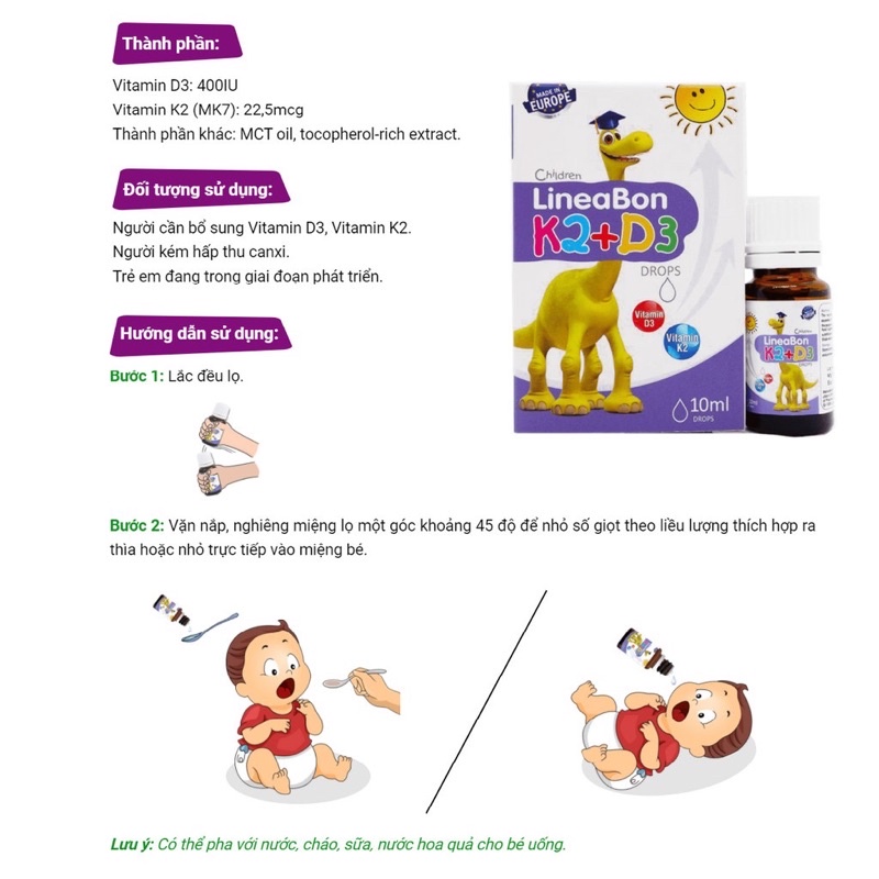 Vitamin K2 D3 Lineabon 10ml tăng chiều cao, xương chắc khỏe + quà tăm bông