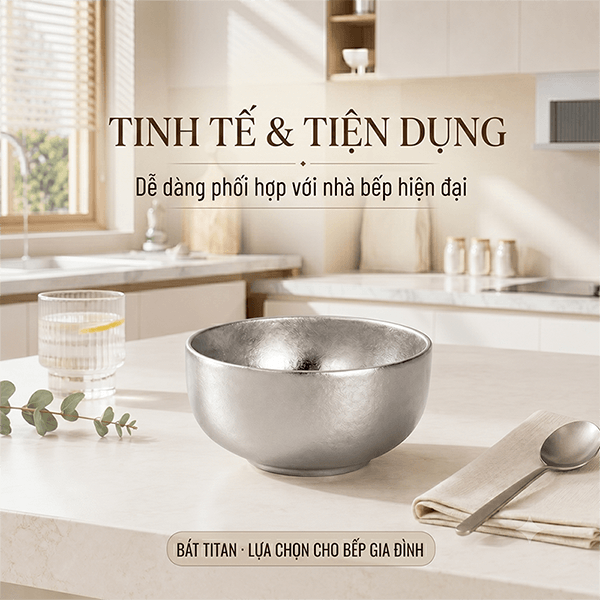 Chén titan nguyên chất, bát ăn bằng titan, bát chống bỏng hai lớp dày dặn kiểu Hàn Quốc TIBA14.