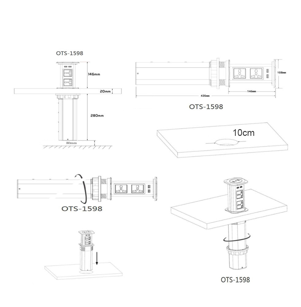 Ổ cắm âm bàn trượt tự động kèm sạc không dây OEM AH07