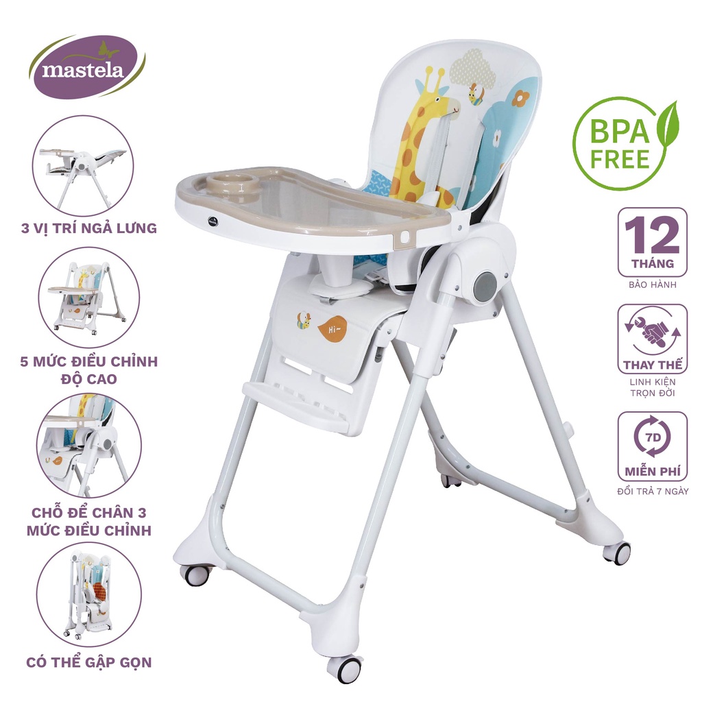 Ghế ăn dặm đa năng cho bé Mastela 1015 có 5 mức nâng hạ độ cao, 3 chế độ ngả, dùng cho bé từ 4 tháng - 5 tuổi