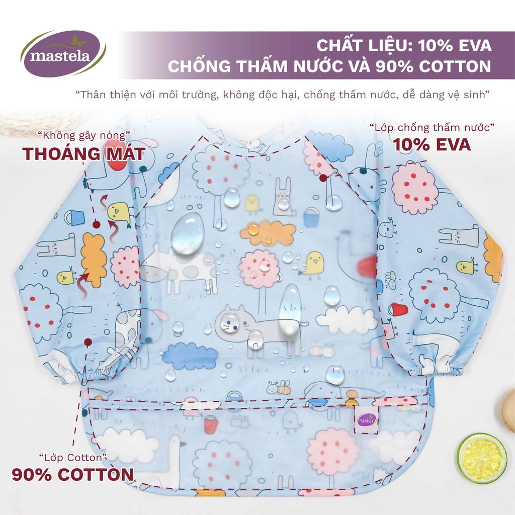 Áo yếm ăn dặm dài tay cho bé từ 6 tháng đến 3 tuổi - Cotton chống thấm nước cho bé tập ăn, tập vẽ Mastela