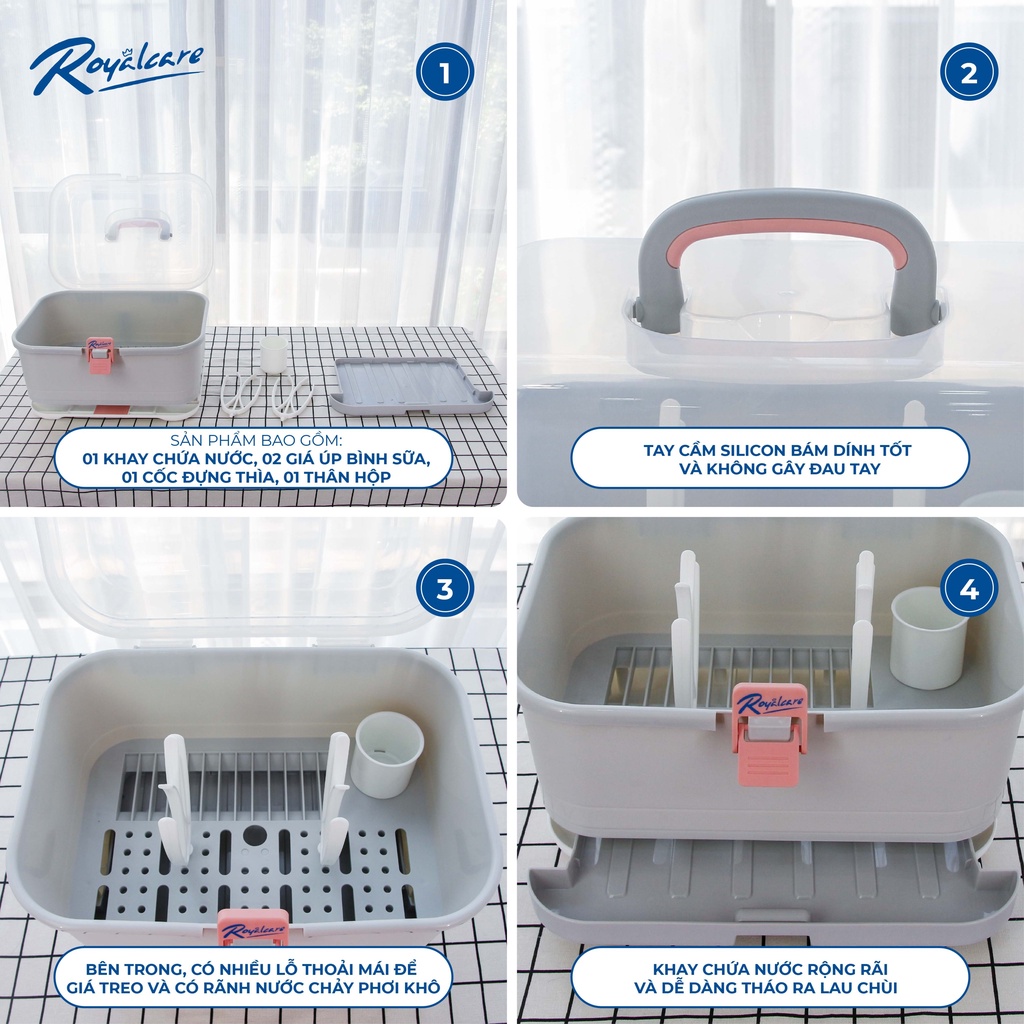 Giá úp bình sữa size đại có nắp đậy và khay hứng nước Royalcare 8853
