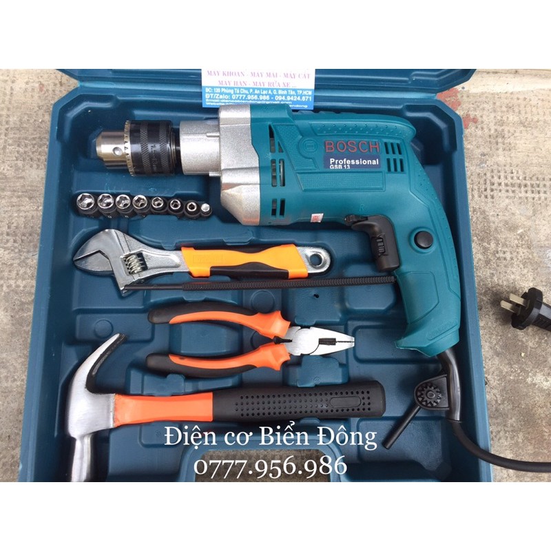 Bộ Valy máy khoan BOSH GSB 13RE full đồ nghề chuyên dùng để khoan sắt, tường, gỗ, tôn, bắn vít