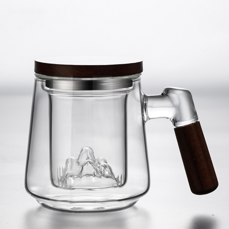 Ly pha trà có lõi lọc bằng thủy tinh có nắp tay cầm gỗ 500ml XCJ45666